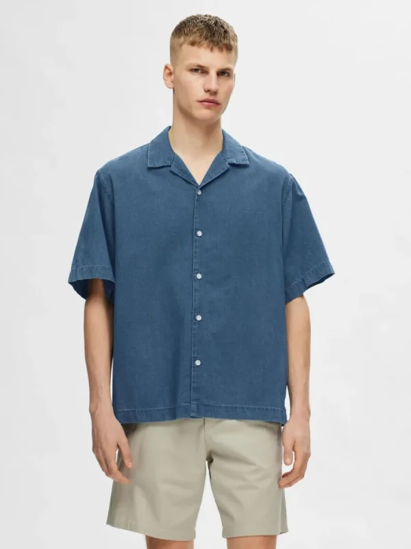 SELECTED KORTÄRMAD JEANSSKJORTA Blue Cheap