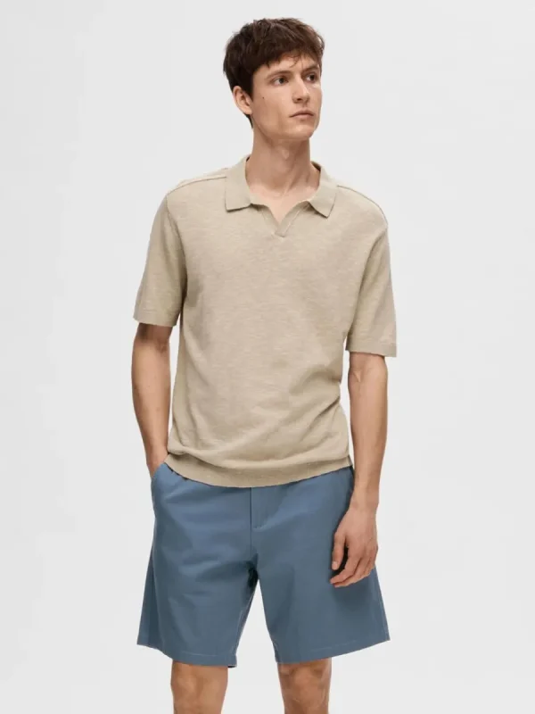 SELECTED KORTÄRMAD STICKAD PIKÉTRÖJA Beige Store