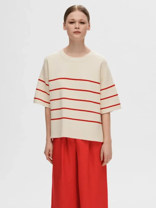 SELECTED KORTÄRMAD STICKAD TOPP Beige Best