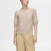 SELECTED KORTÄRMAD STICKAD TOPP Beige Hot