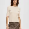 SELECTED KORTÄRMAD STICKAD TOPP Beige Fashion