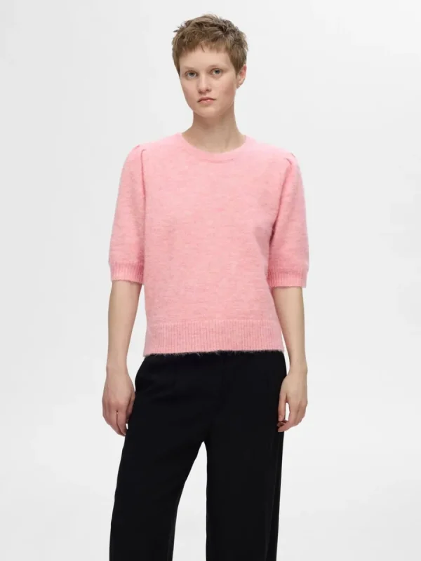 SELECTED KORTÄRMAD STICKAD TOPP Pink Fashion