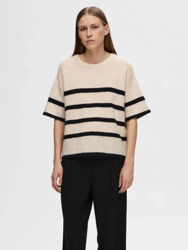 SELECTED KORTÄRMAD STICKAD TOPP Beige Clearance