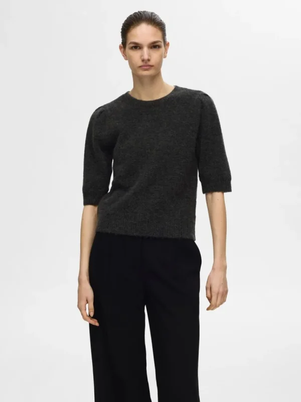 SELECTED KORTÄRMAD STICKAD TOPP Grey New
