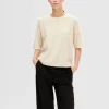 SELECTED KORTÄRMAD STICKAD TOPP Beige Hot