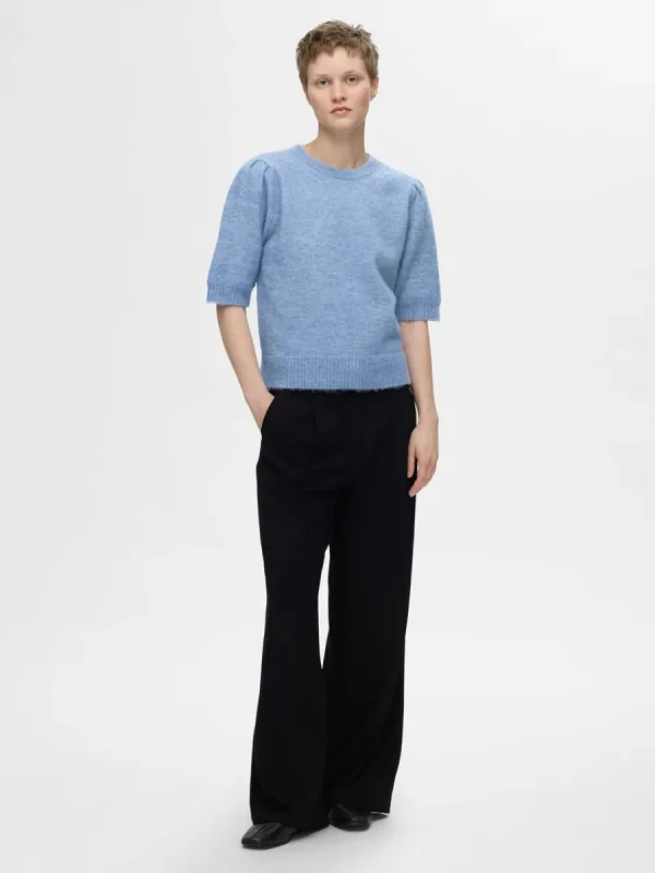 SELECTED KORTÄRMAD STICKAD TOPP Blue Sale