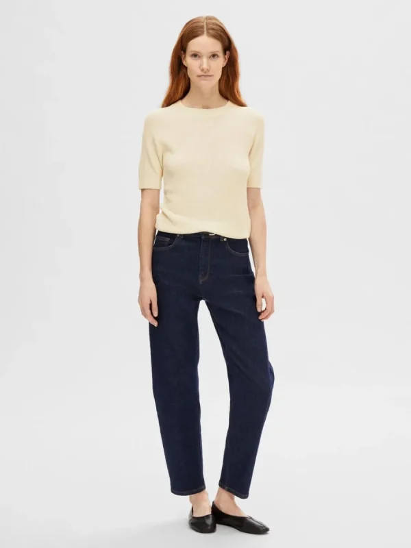 SELECTED KORTÄRMAD STICKAD TOPP Beige Shop