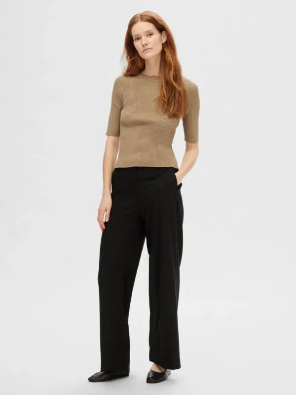 SELECTED KORTÄRMAD STICKAD TOPP Brown Clearance