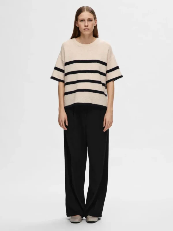 SELECTED KORTÄRMAD STICKAD TOPP Beige Clearance