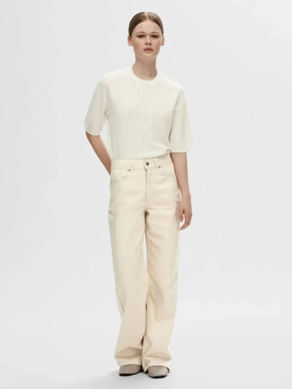 SELECTED KORTÄRMAD STICKAD TOPP Beige Clearance