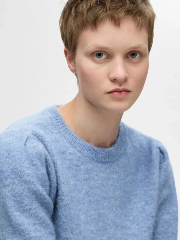 SELECTED KORTÄRMAD STICKAD TOPP Blue Sale