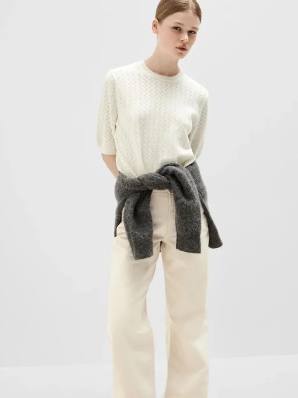 SELECTED KORTÄRMAD STICKAD TOPP Beige Clearance