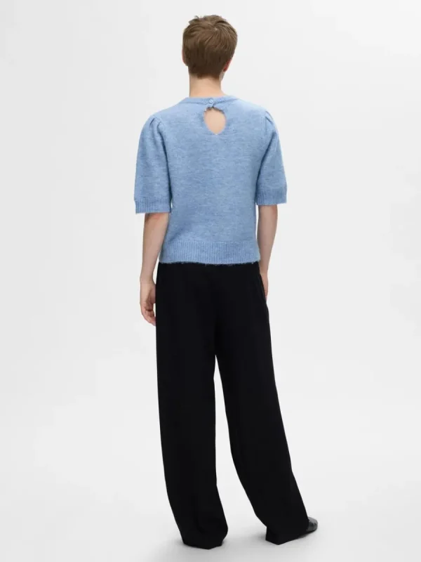 SELECTED KORTÄRMAD STICKAD TOPP Blue Sale