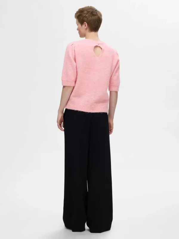 SELECTED KORTÄRMAD STICKAD TOPP Pink Fashion