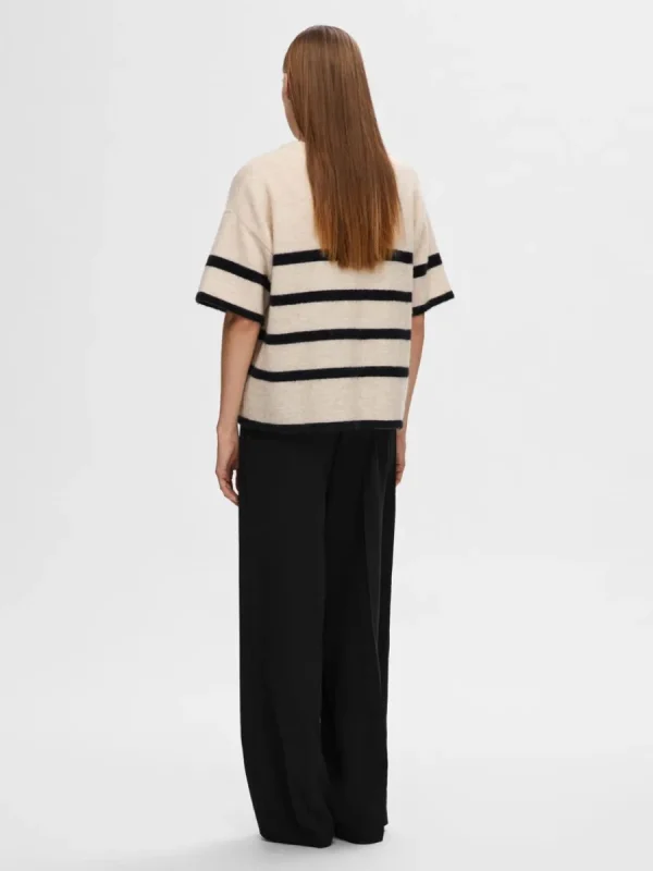 SELECTED KORTÄRMAD STICKAD TOPP Beige Clearance