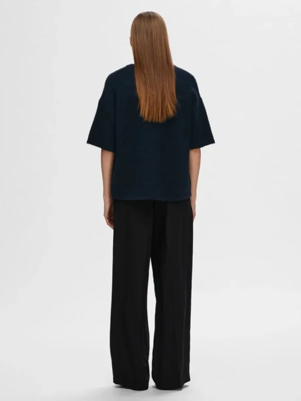 SELECTED KORTÄRMAD STICKAD TOPP Blue Fashion