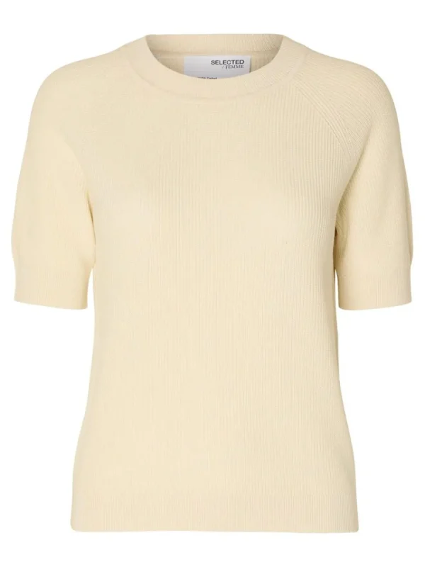 SELECTED KORTÄRMAD STICKAD TOPP Beige Shop