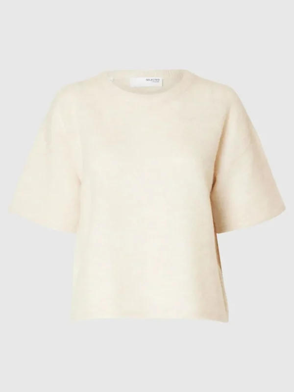 SELECTED KORTÄRMAD STICKAD TOPP Beige Hot