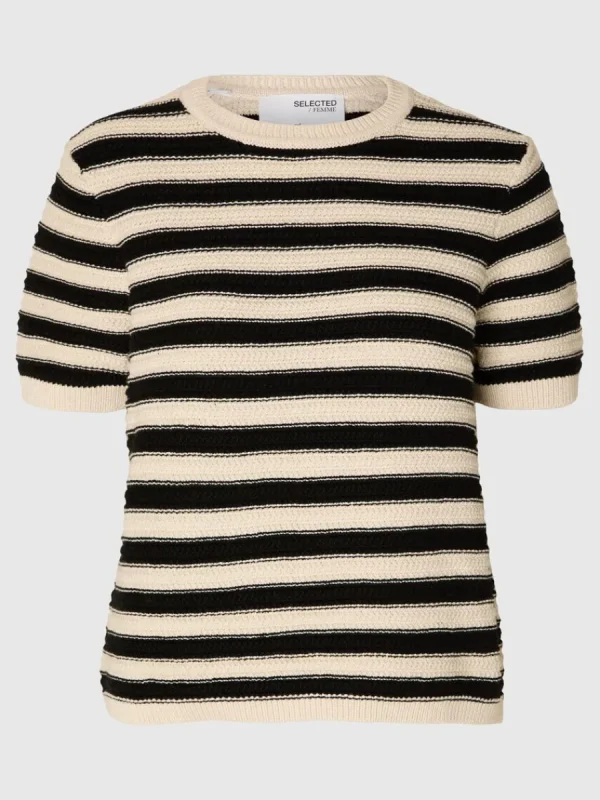 SELECTED KORTÄRMAD STICKAD TOPP Beige Cheap
