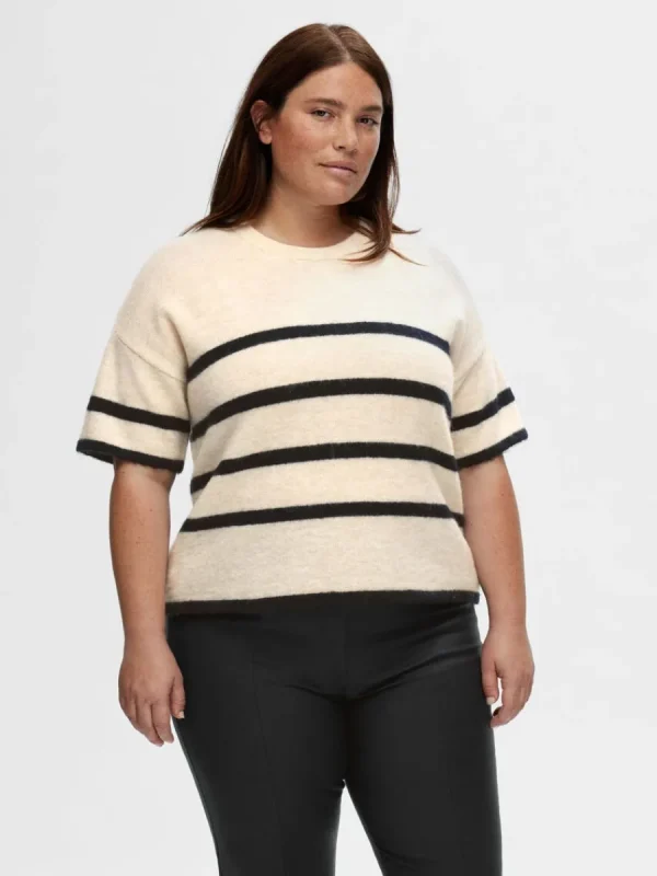 SELECTED KORTÄRMAD STICKAD TOPP Beige Clearance
