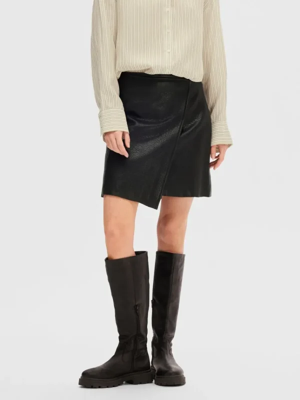 SELECTED LÄDERSYDD MINIKJOL Black Cheap