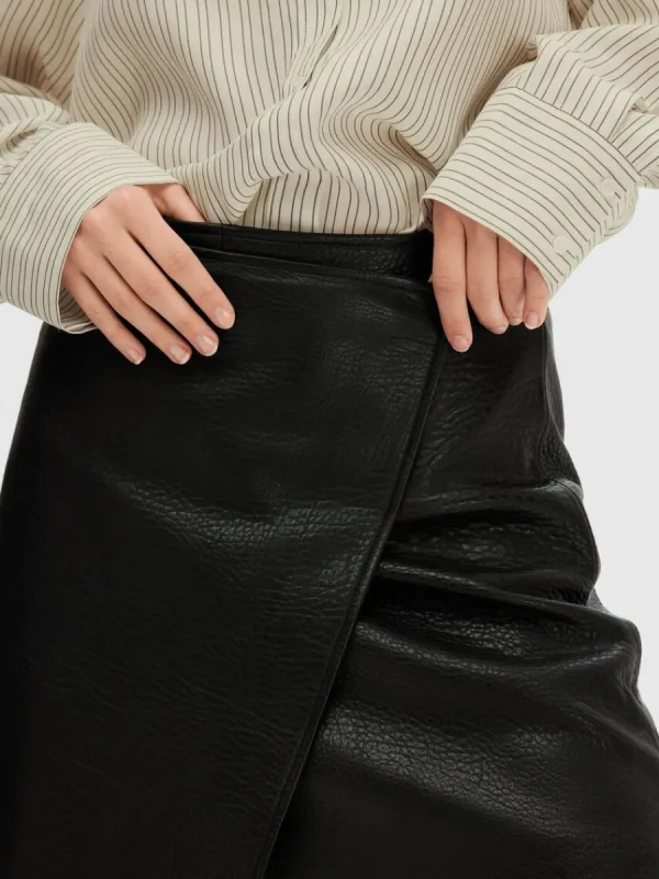 SELECTED LÄDERSYDD MINIKJOL Black Cheap