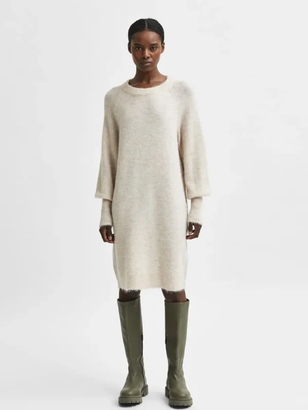 SELECTED LÅNGA ÄRMAR STICKAD KLÄNNING Beige Best Sale