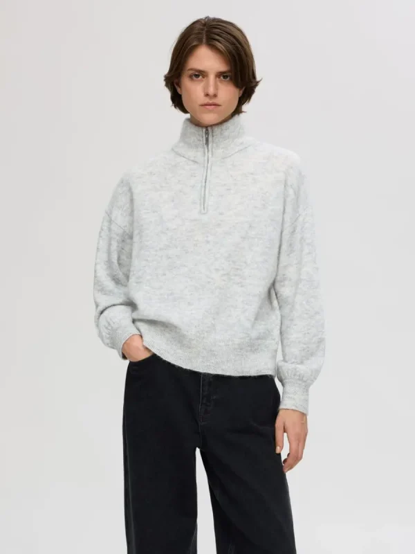 SELECTED LÅNGA ÄRMAR TRÖJA MED HALVLÅNGT BLIXTLÅS Grey Clearance