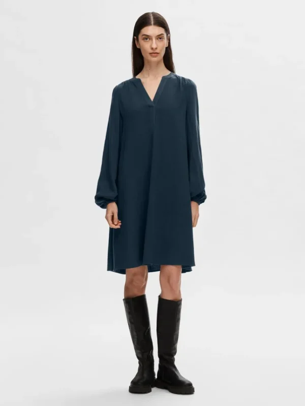 SELECTED LÅNGÄRMAD KORT KLÄNNING Blue Cheap