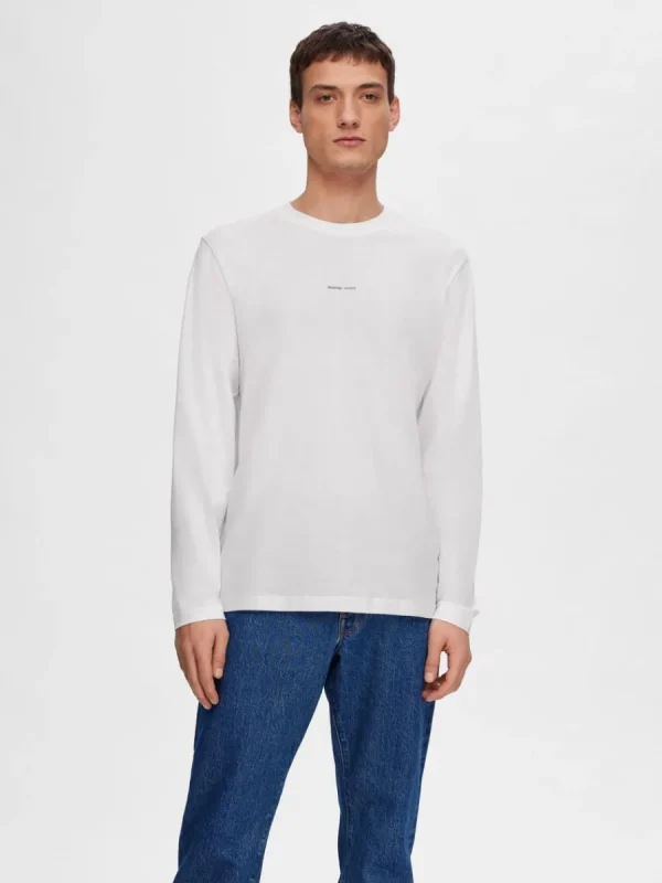 SELECTED LÅNGÄRMAD LOGOTYPPRYDD T-SHIRT White Clearance