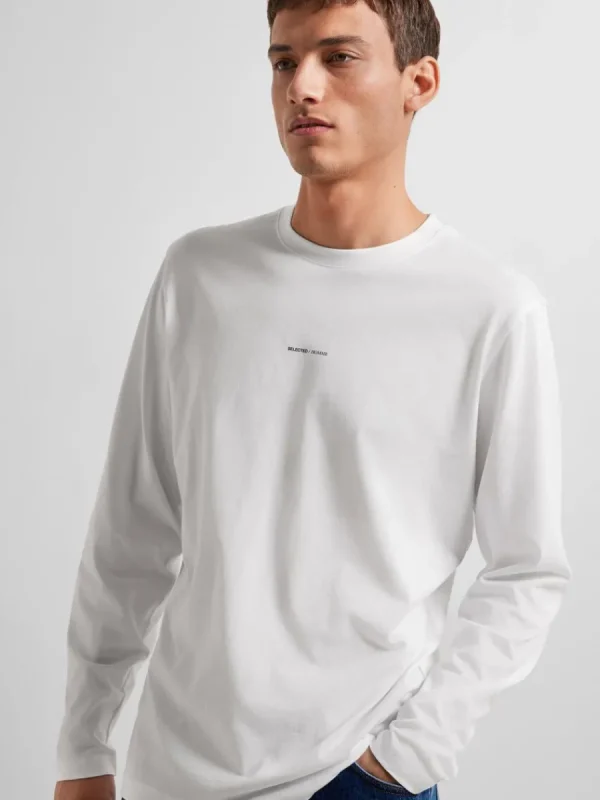 SELECTED LÅNGÄRMAD LOGOTYPPRYDD T-SHIRT White Clearance