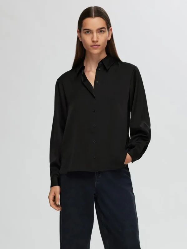 SELECTED LÅNGÄRMAD SATINSKJORTA Black Clearance