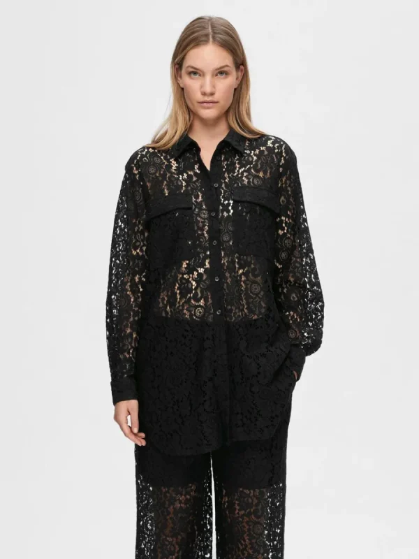 SELECTED LÅNGÄRMAD SPETS SKJORTA Black Shop