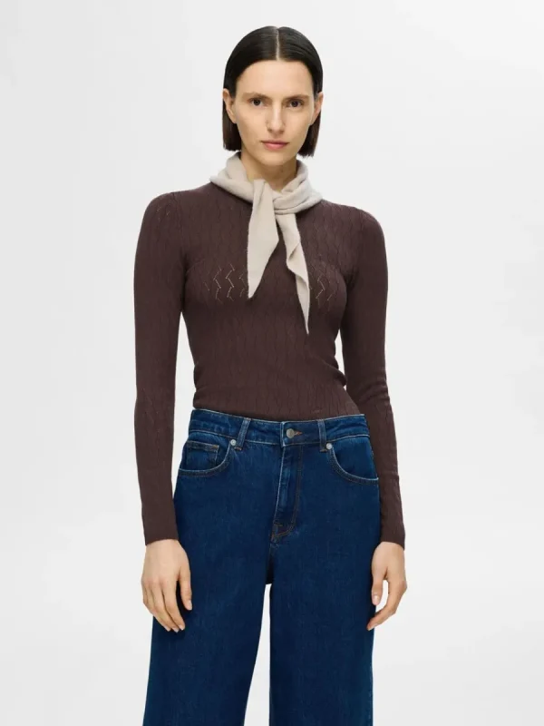 SELECTED LÅNGÄRMAD STICKAD TOPP Brown Clearance