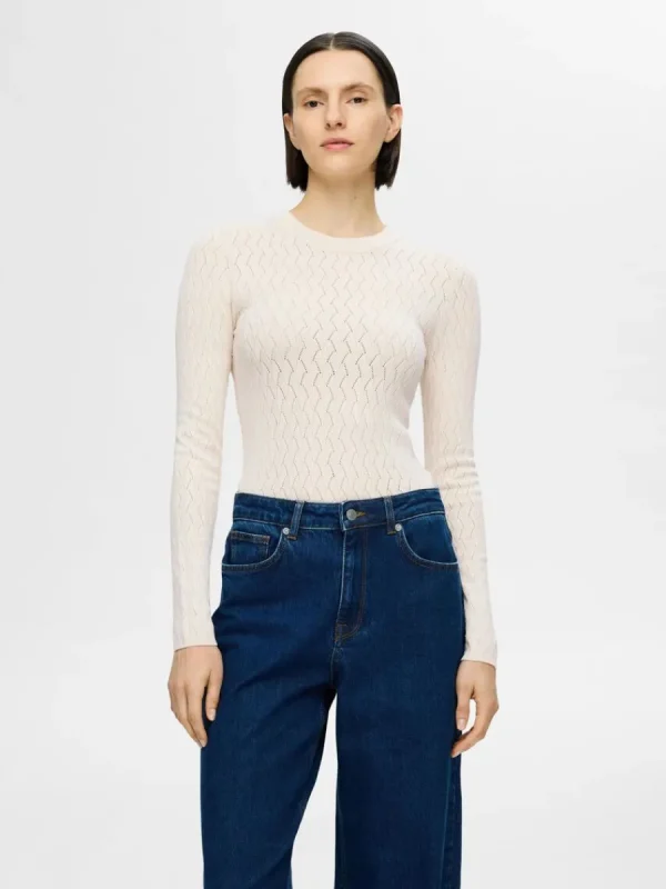 SELECTED LÅNGÄRMAD STICKAD TOPP Beige Shop