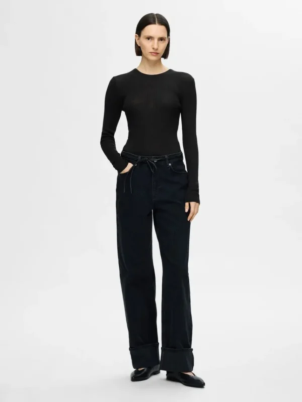 SELECTED LÅNGÄRMAD STICKAD TOPP Black Best Sale