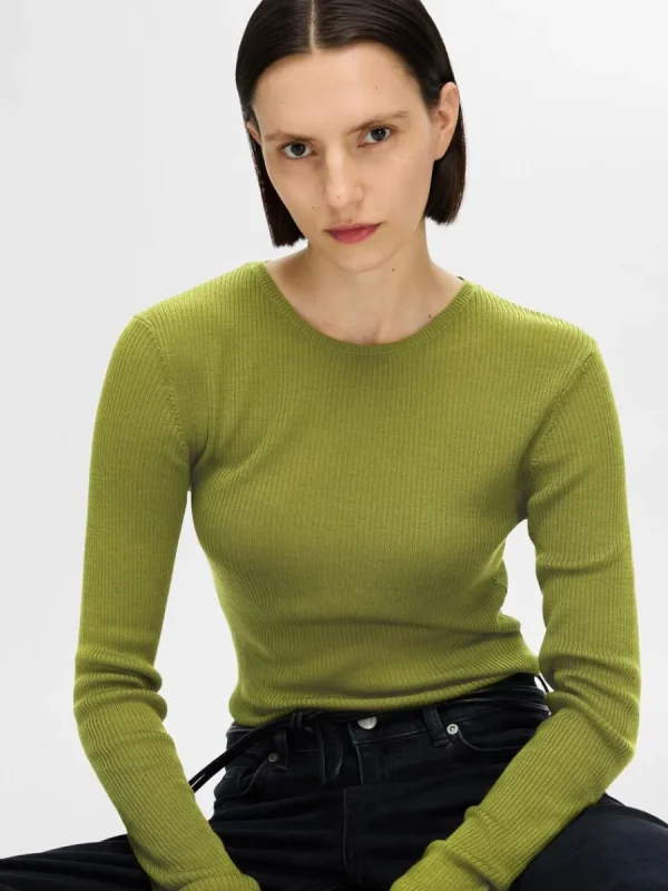 SELECTED LÅNGÄRMAD STICKAD TOPP Green Flash Sale