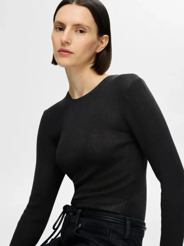 SELECTED LÅNGÄRMAD STICKAD TOPP Black Best Sale