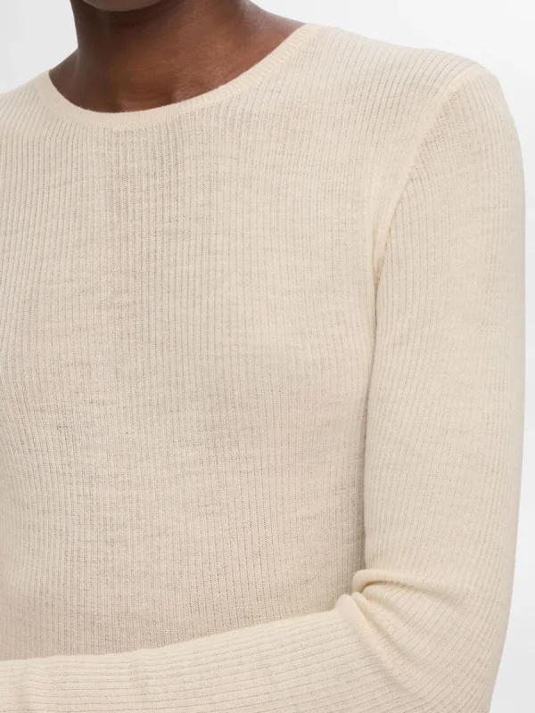 SELECTED LÅNGÄRMAD STICKAD TOPP Beige Sale