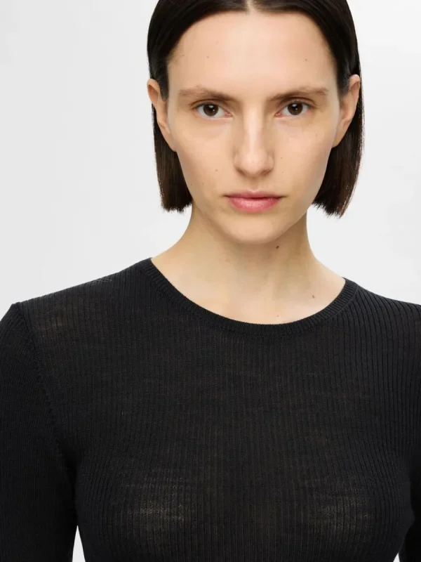 SELECTED LÅNGÄRMAD STICKAD TOPP Black Best Sale