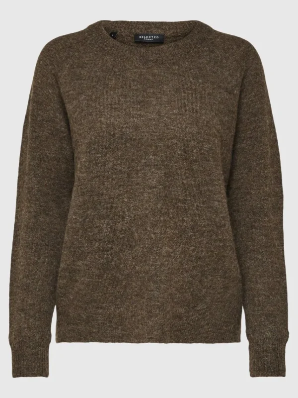SELECTED LÅNGÄRMAD STICKAD TRÖJA Brown Discount