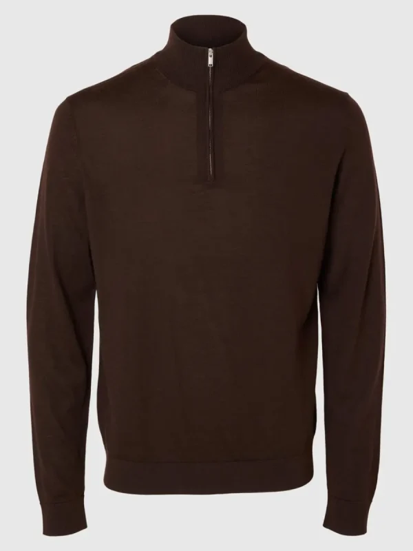 SELECTED 100% MERINOULL TRÖJA MED HALVLÅNGT BLIXTLÅS Brown Sale