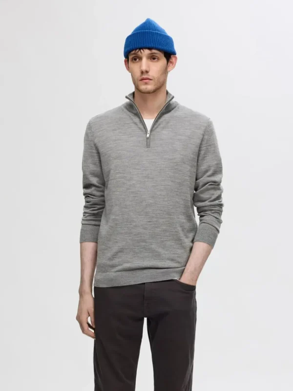 SELECTED 100% MERINOULL TRÖJA MED HALVLÅNGT BLIXTLÅS Grey Sale