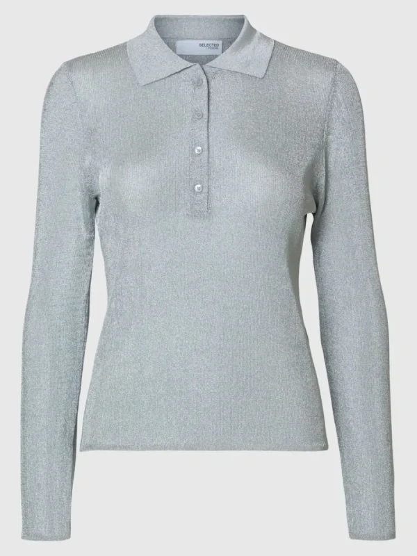 SELECTED METALLIC LÅNGÄRMAD PIKÉTRÖJA Grey Clearance