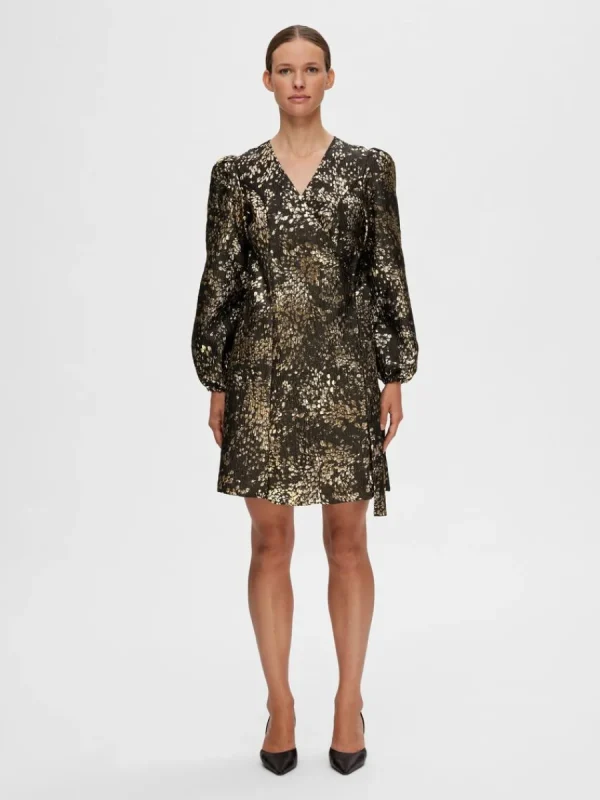 SELECTED METALLISK JACQUARD KORT KLÄNNING Gold Fashion