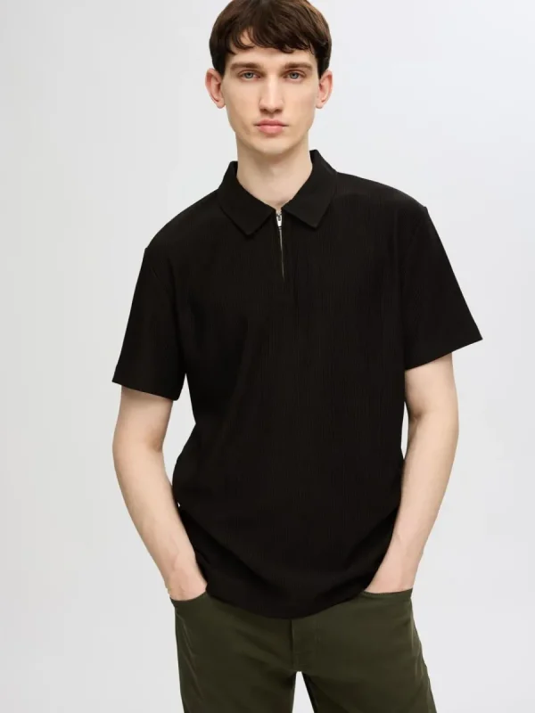 SELECTED PLISSÉ OCH HALVLÅNGT BLIXTLÅS PIKÉTRÖJA Black Cheap