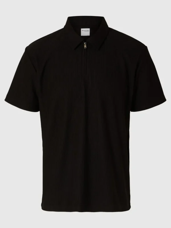 SELECTED PLISSÉ OCH HALVLÅNGT BLIXTLÅS PIKÉTRÖJA Black Cheap