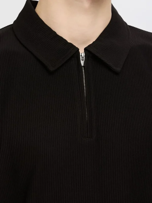 SELECTED PLISSÉ OCH HALVLÅNGT BLIXTLÅS PIKÉTRÖJA Black Cheap