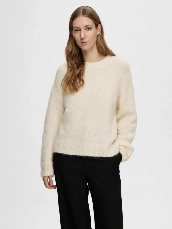 SELECTED PÄRLDETALJ TRÖJA Beige Best Sale