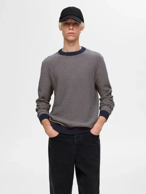SELECTED RANDIG RUNDRINGAD STICKAD TRÖJA Blue Clearance